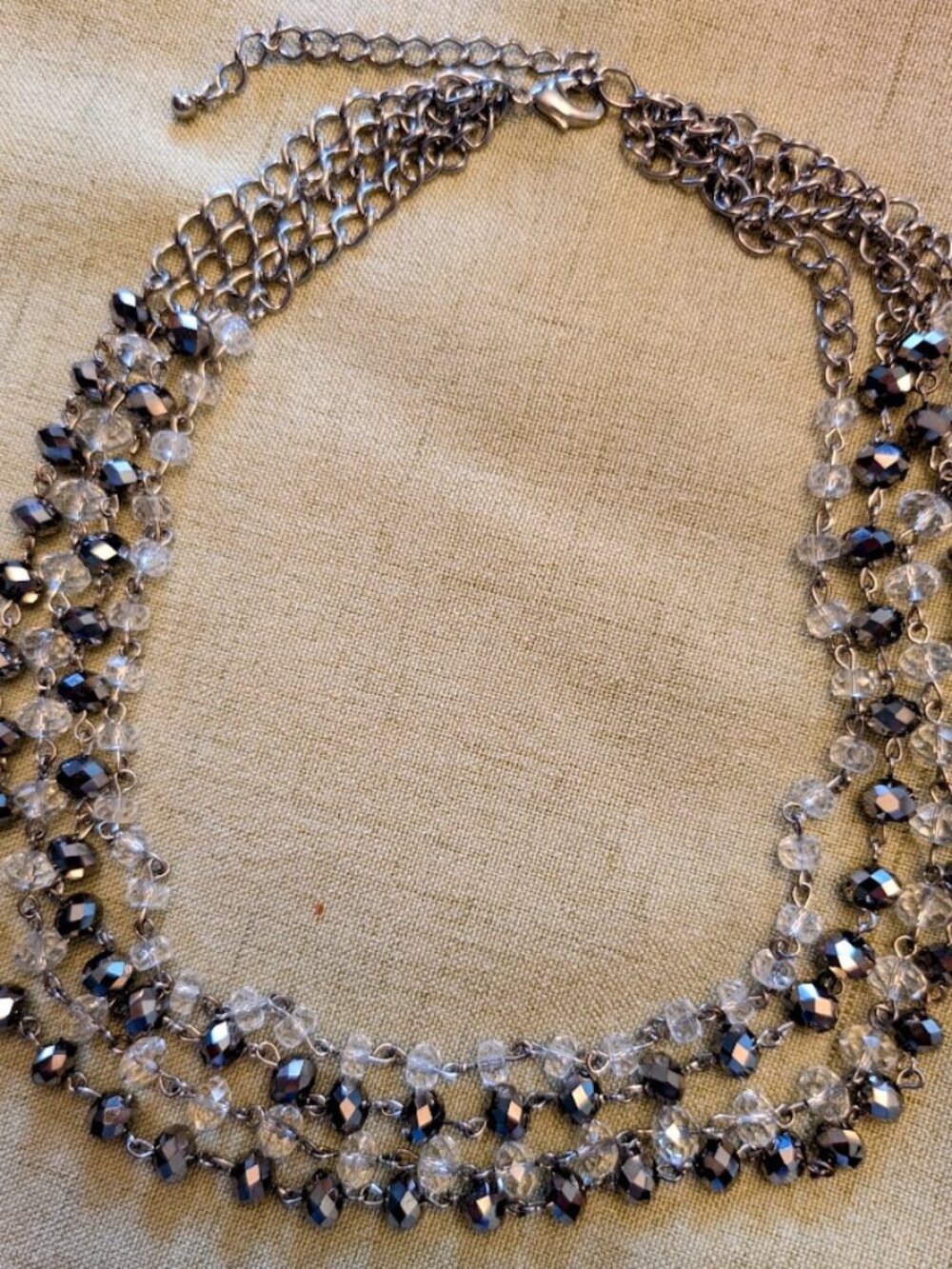 Silver Tone Multi Strand Gunmetal Clear Faceted Crystal Rosary Chain Necklace